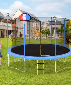 14ft Trampoline For Kids With Safety Enclosure Net, Basketball Hoop And Ladder