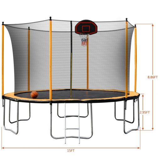 15ft Trampoline with Inner Safety Enclosure Net and Basketball Hoop