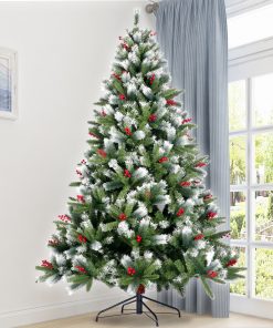 7.5FT Artificial Christmas Tree with Flocked Pine Needle, Cones Red Berries