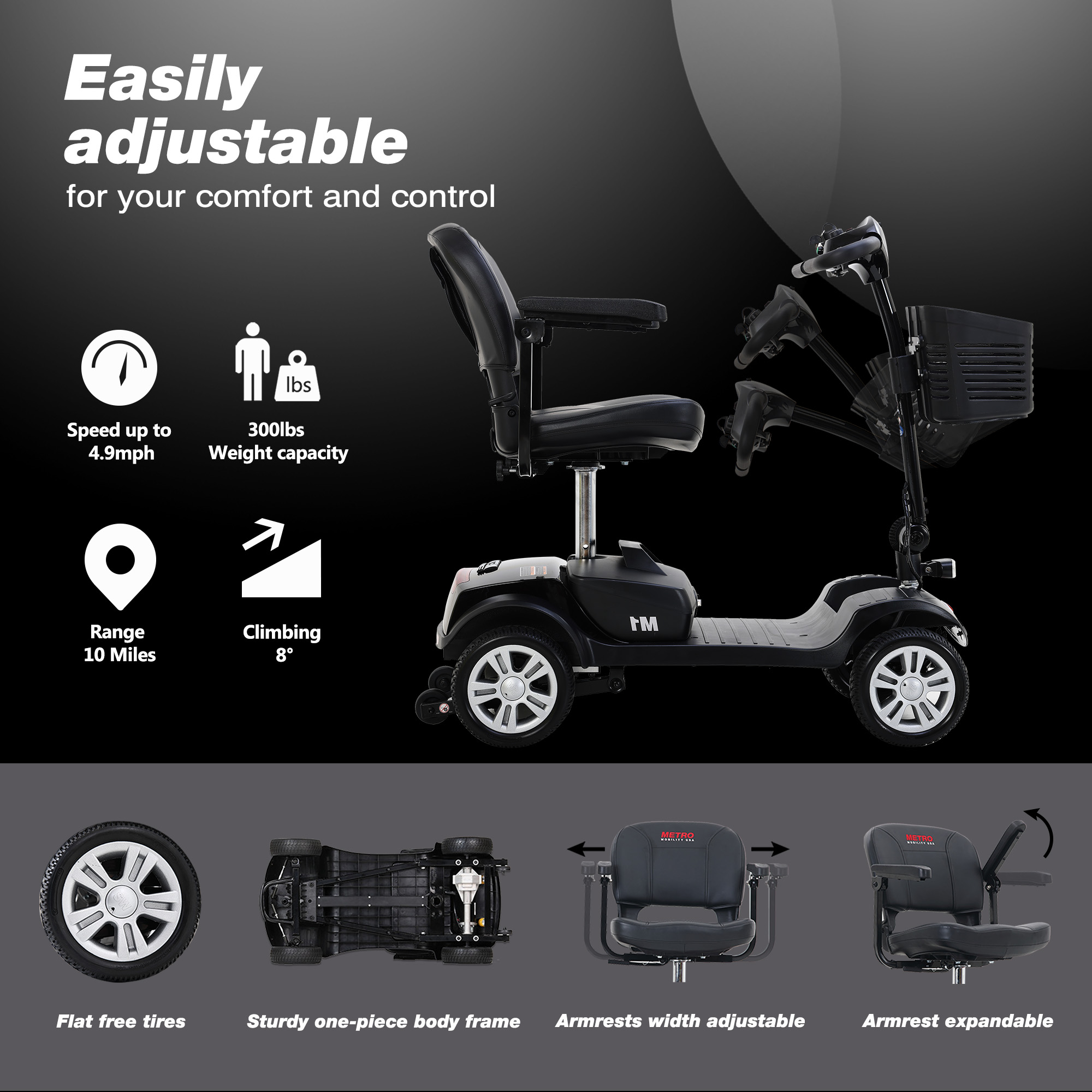 Four wheels Compact Travel Mobility Scooter with 300W Motor for Adult 5